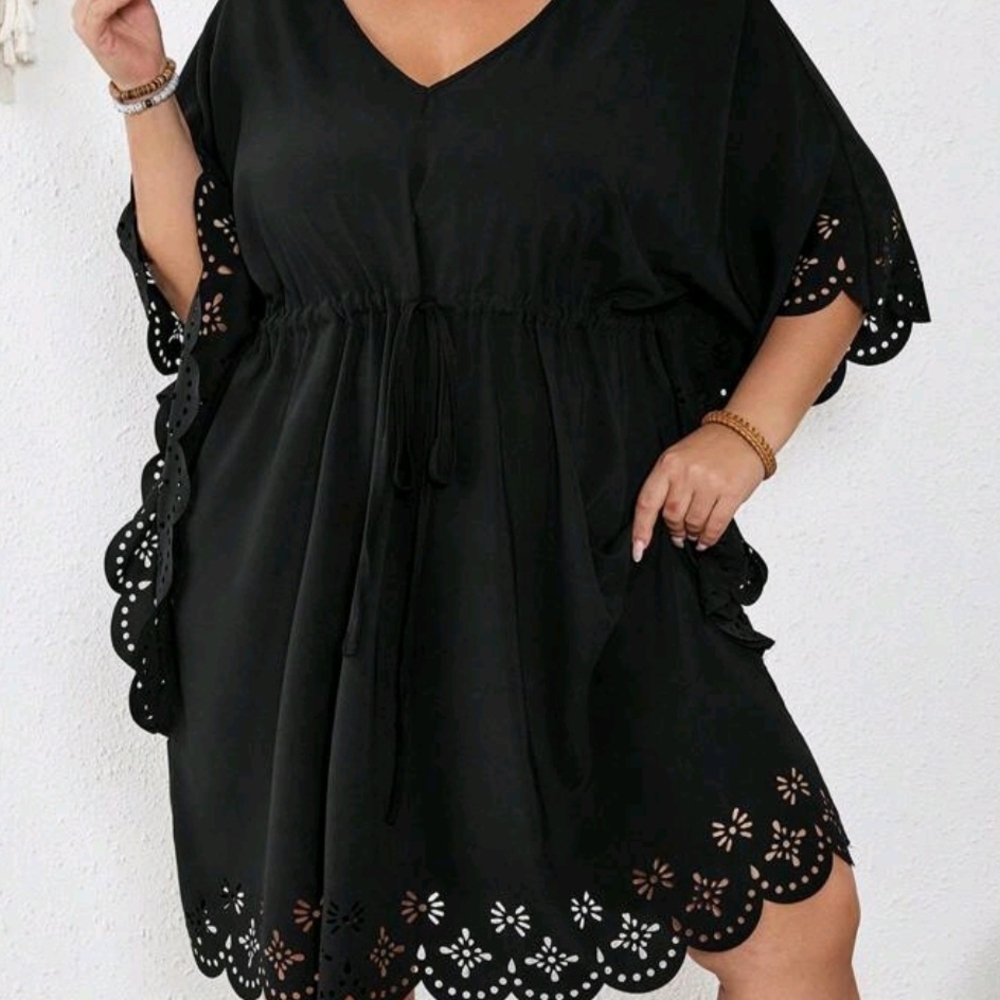 Black V-Neck Scalloped Eyelet Cover-Up with Drawstring